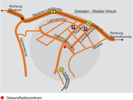 Anfahrt mit dem Auto: Auf der Bautzner Landstraße stadtauswärts kommend biegen Sie rechts in die Luboldtstraße und nach zwei Querstraßen wieder Rechts in die Wolfshügelstraße. Unser Gesundheitszentrum finden sie auf der linken Straßenseite unter der Nummer 20. Mit dem Ö–PNV: Fahren Sie mit der Straßenbahn Linie 11 bis zur Haltestelle Plattleite. Laufen Sie dann die Plattleite bis zur Wolfshügelstraße. Unser Gesundheitszentrum finden Sie unter der Nummer 20 direkt an der Kreuzung.